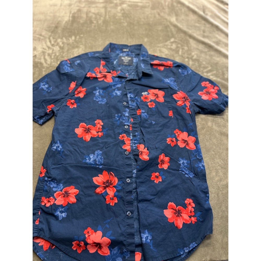 Hollister Mens Slim Fit Epic Flex Floral Button Down Shirt Navy Red Large
